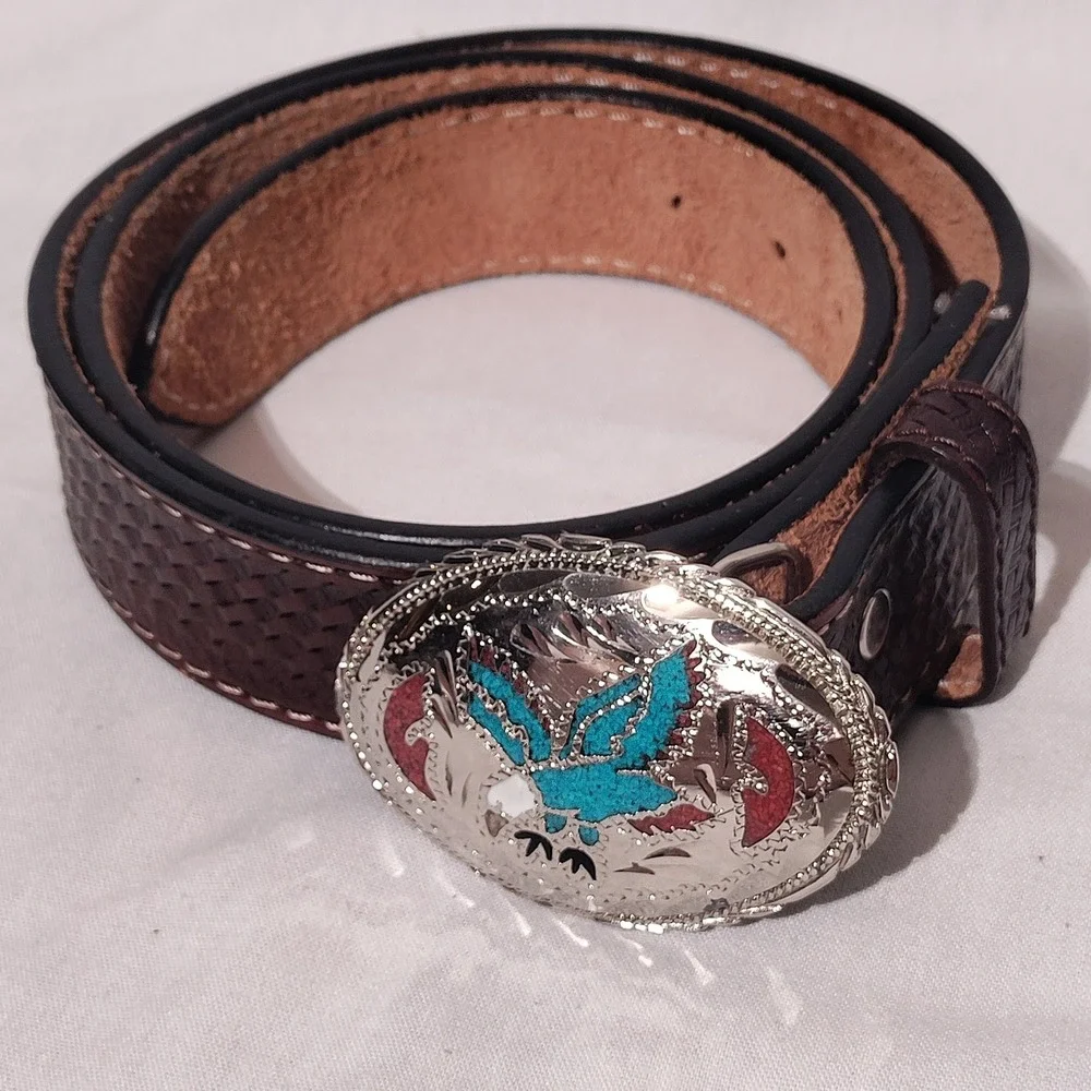 Eagle Turquoise Tone Inlay Trophy Buckle Mens Brown Basketweave Leather Belt